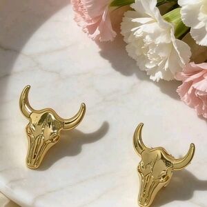 Gold Bull Skull Stud Earrings Sculpted Metallic
